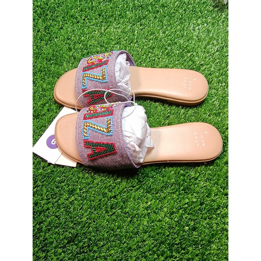 NWT A New Day Nehemia Beaded Canvas Slide Sandals Women's 6 - Picture 2 of 5